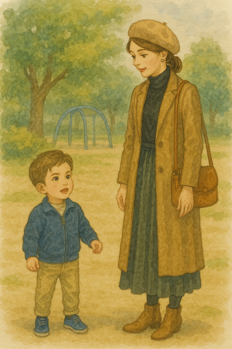 公園のイケメン3歳子供とオシャレな母親