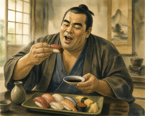 寿司を食べる九州男児