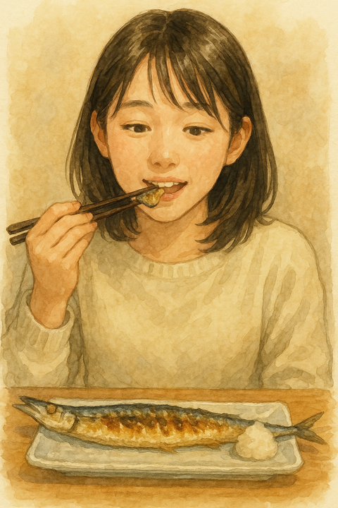 サンマを食べる女性