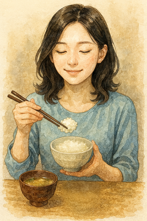ホカホカご飯と味噌汁で幸せな女性