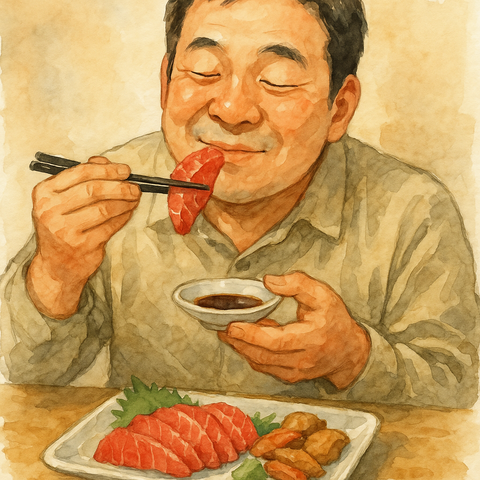 刺身を醤油で食べる男性