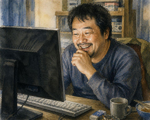 パソコン画面を見て笑うおっさん