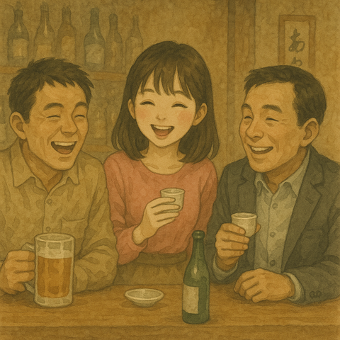 居酒屋のカウンターで飲む男性二人と女性一人