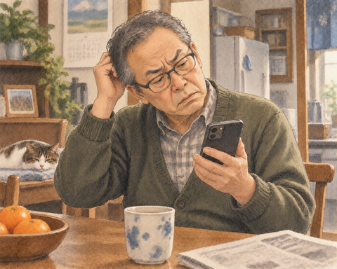 初老男性　スマホを見て首をかしげる