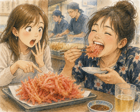紅しょうがの天ぷらに驚く女性