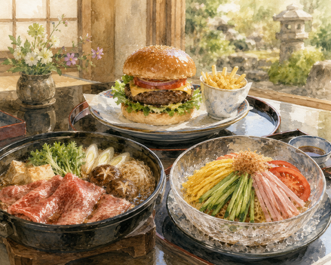 うまそうなすき焼きと冷やし中華とハンバーガー