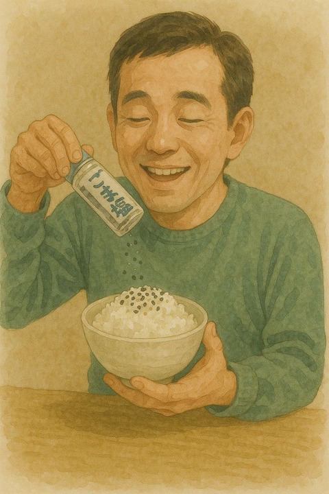 ご飯にゴマ塩を振る男性