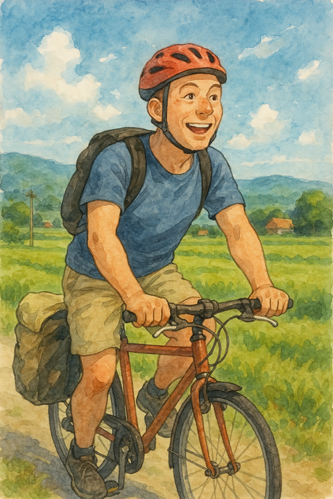 夏場に自転車で旅行する男性