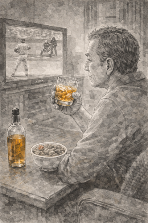 ウイスキーを飲みながらテレビの野球を見る初老男性