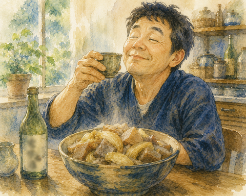 たまねぎとこんにゃくで一杯やる男性
