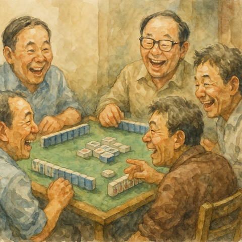 仲間で仲良くマージャンする男性