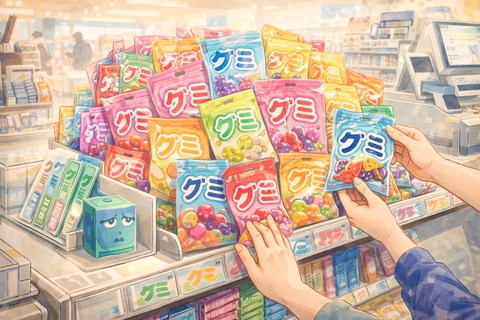 コンビニのカラフルなグミコーナー