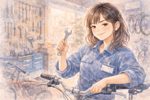 自転車屋の作業服姿の綺麗な女性