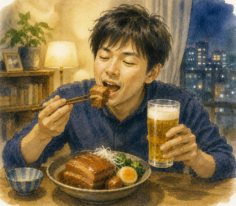 角煮を食べる男性
