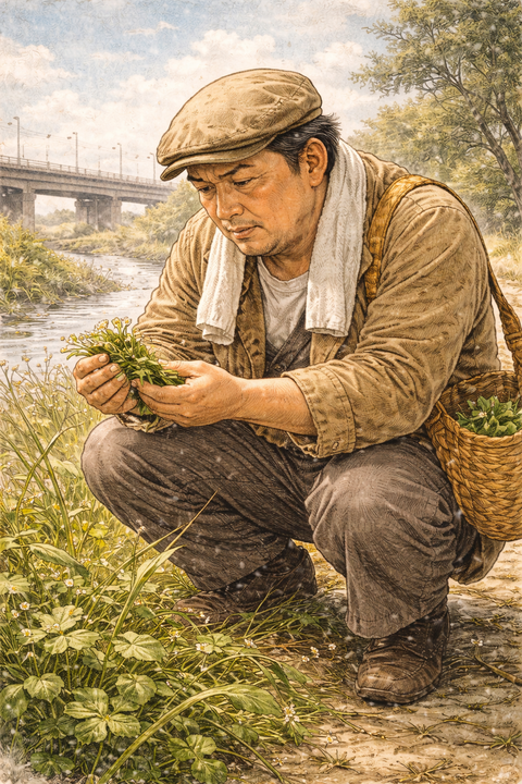 河川敷で食べれる草を探す男性