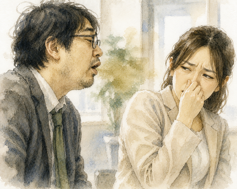 激口臭男性と鼻を抑える女性