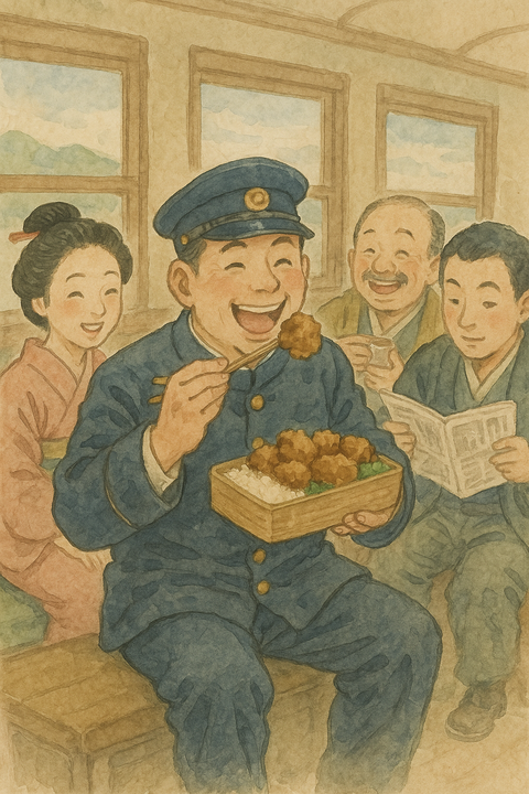 唐揚げ弁当大盛りを食べる車掌