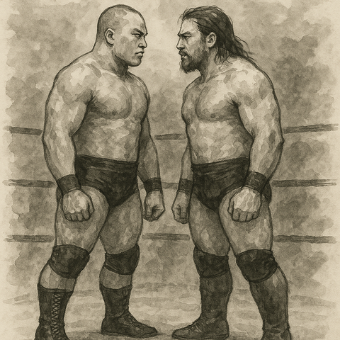 にらみ合うレスラー