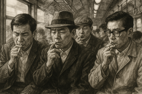 昭和時代電車内でタバコを吸う人たち