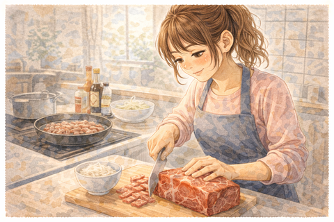 キッチンで牛肉をカットする女性