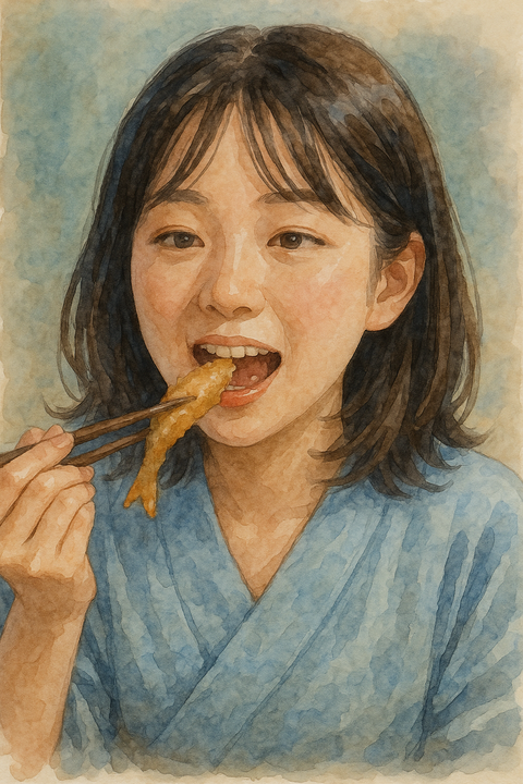 メヒカリの唐揚げを食べる女性