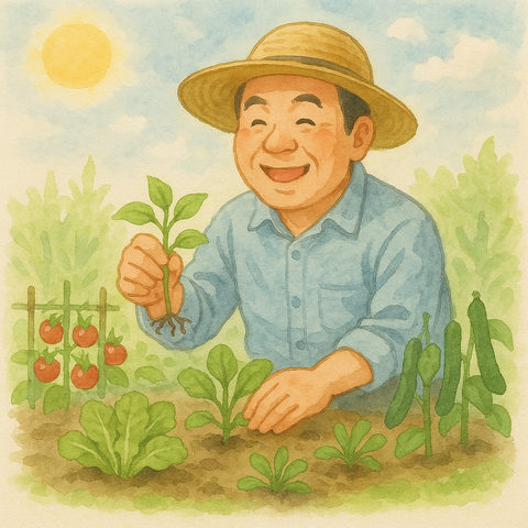 家庭菜園で野菜を育てる中年男性