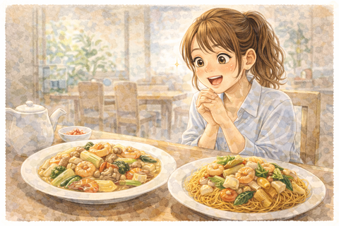 八宝菜と皿うどんが楽しみな女性