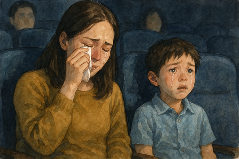 映画館で映画を見て泣く親子連れ