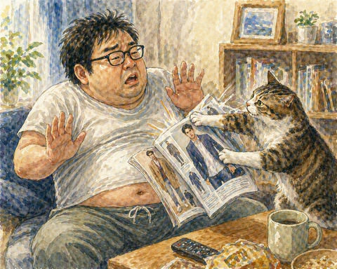 中年男性にファッション指導する猫