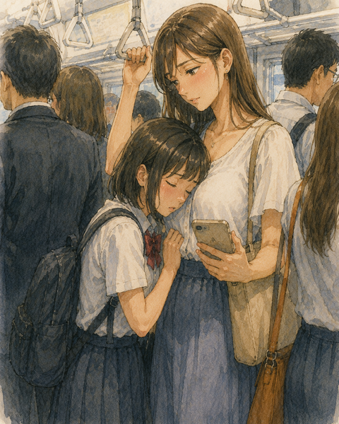 満員電車で立っている低身長女性