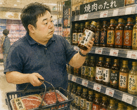スーパーで焼肉のたれを選ぶ男性