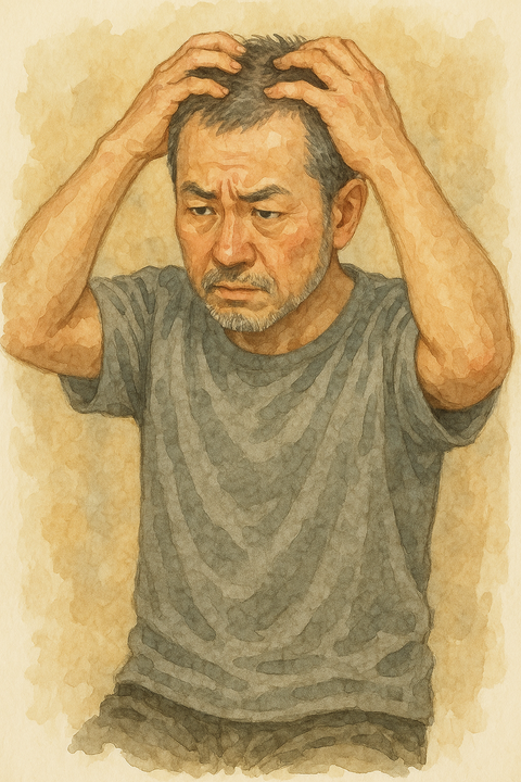 頭皮ケアにいそしむ中年男性