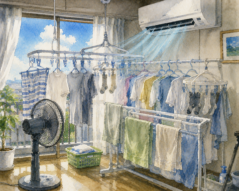 エアコン+扇風機 で室内干し