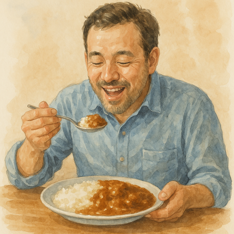 おいしそうにカレーを食べる男性