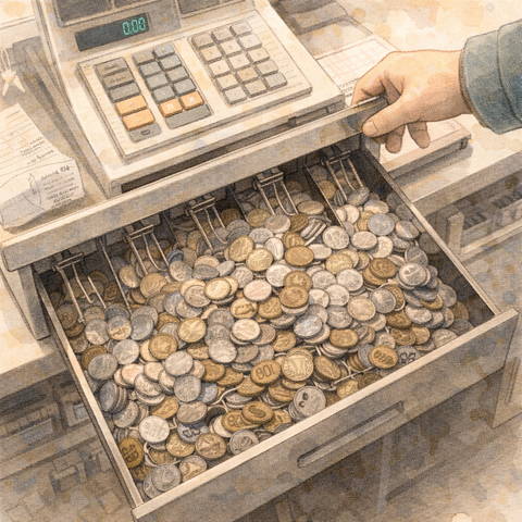 小銭があふれるレジの引き出し