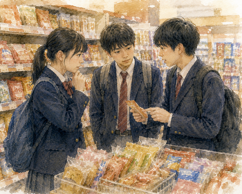 菓子コーナーで相談する中学生男女