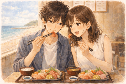 海辺の定食屋で刺身定食を食べる男女