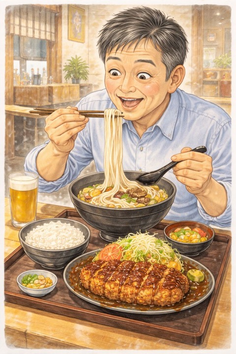 味噌カツときしめんを食べる男性