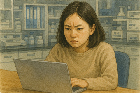 研究室でパソコンに向かって作業している女性