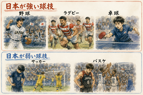 日本が強い球技野球、ラグビー、卓球弱い球技サッカー、バスケ