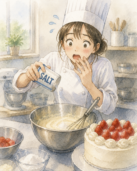 ケーキ作り　間違えて塩を入れるパティシエ
