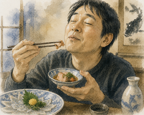フグのキモを食べる男性　