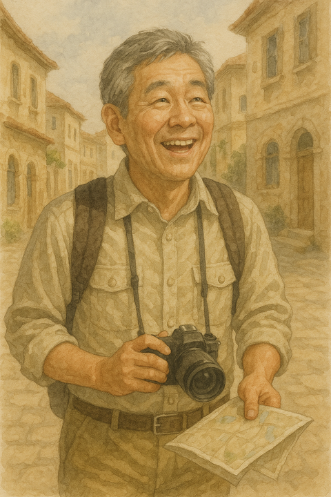 楽しそうに旅行する男性