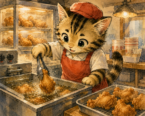 フライドチキンを揚げるねこすけ