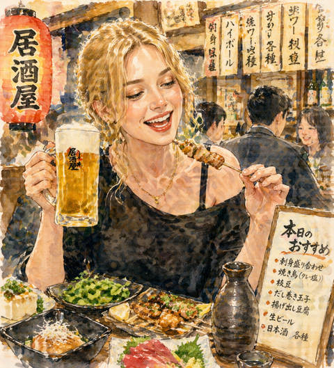 日本の居酒屋を楽しむロシア人