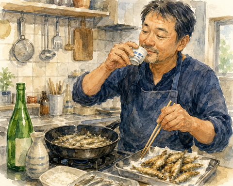 日本酒を飲みながらメヒカリの唐揚げを作る中年男性