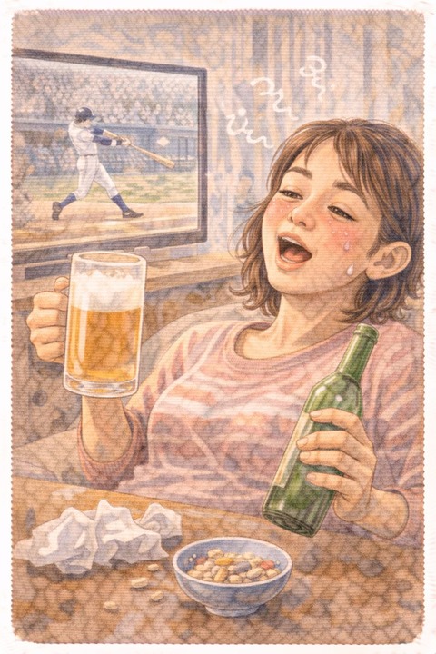 テレビで野球観戦する女子