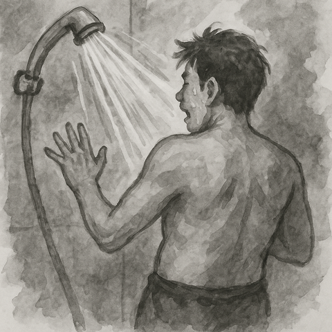 シャワーが暑すぎて逃げる男性