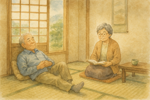 和室でのんびりする老夫婦