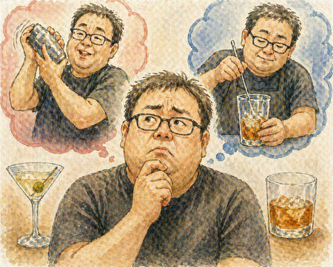 シェイクとステアの違いを考える男性